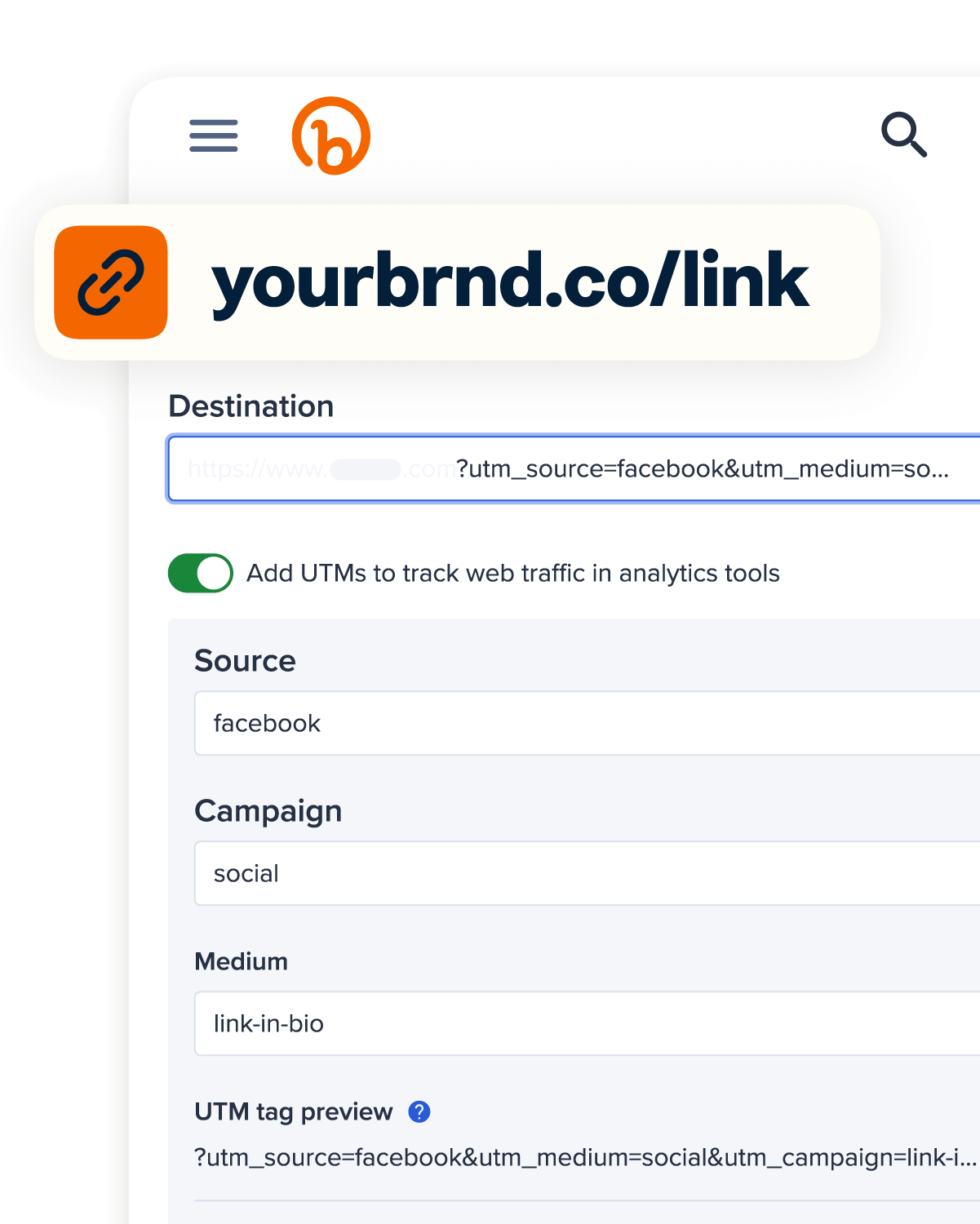 User interface in Bitly with the Destination box containing a link with UTM parameters