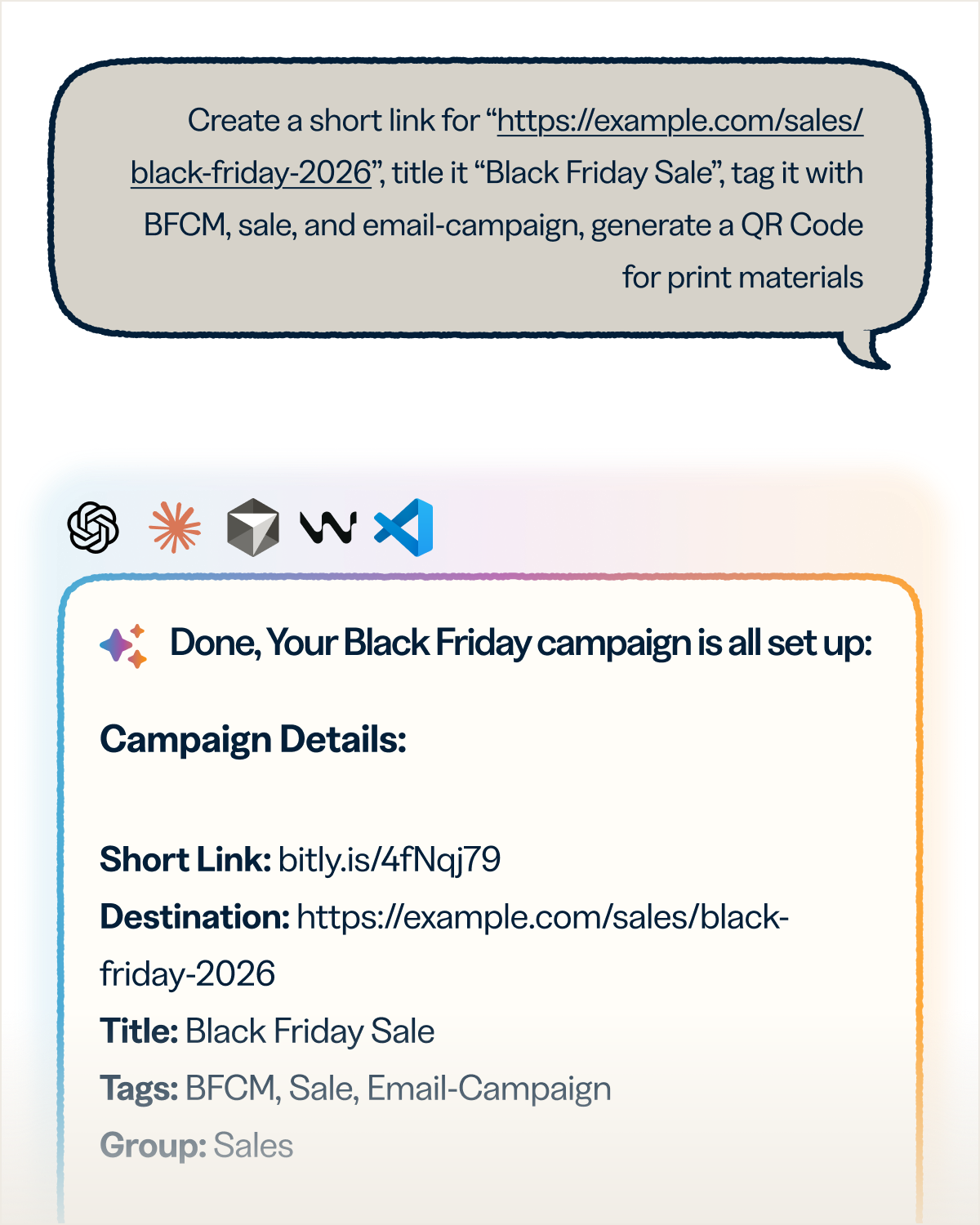 The Bitly tools marketers use every day—branded links, QR Codes, analytics, and bulk operations—are available through plain language prompts.