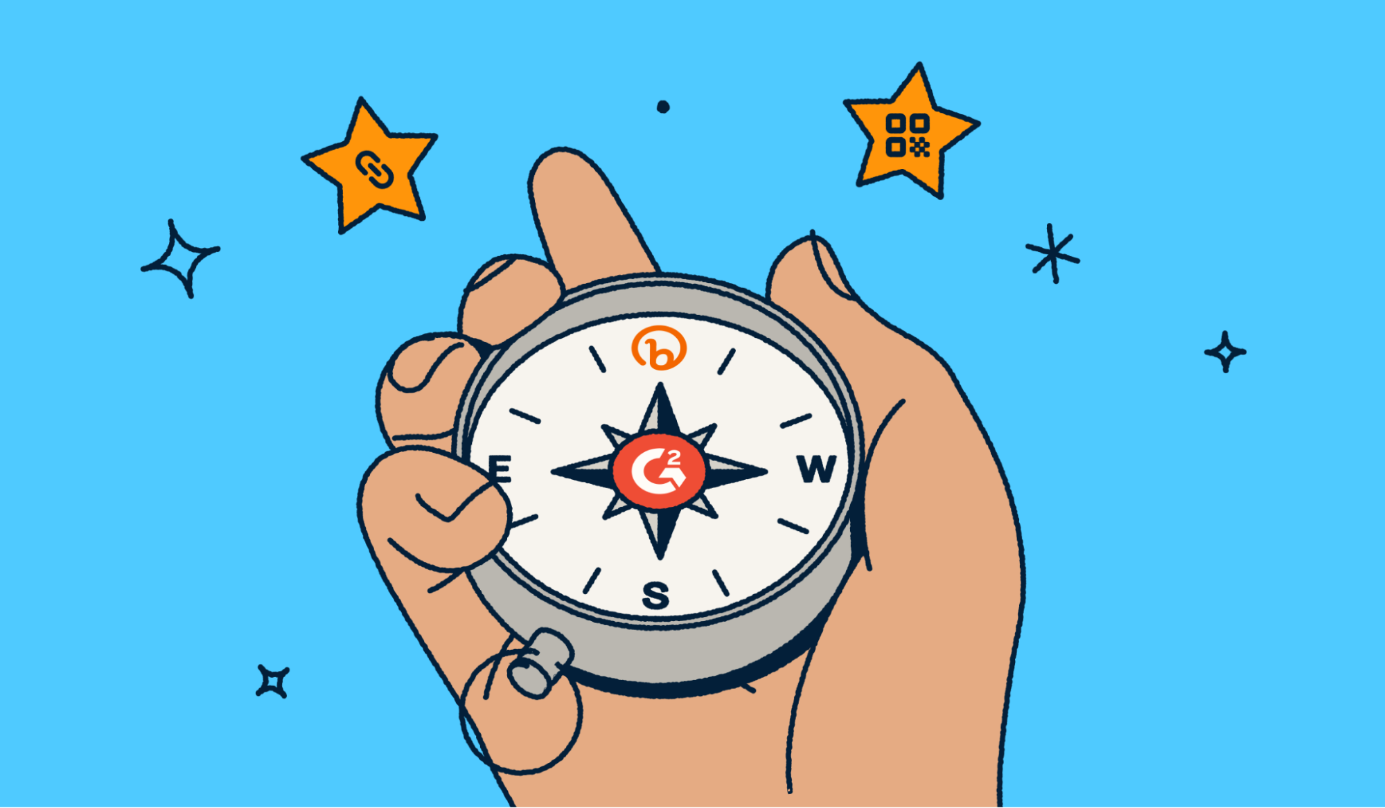 Person holding a compass with a G2 and Bitly logo within in.