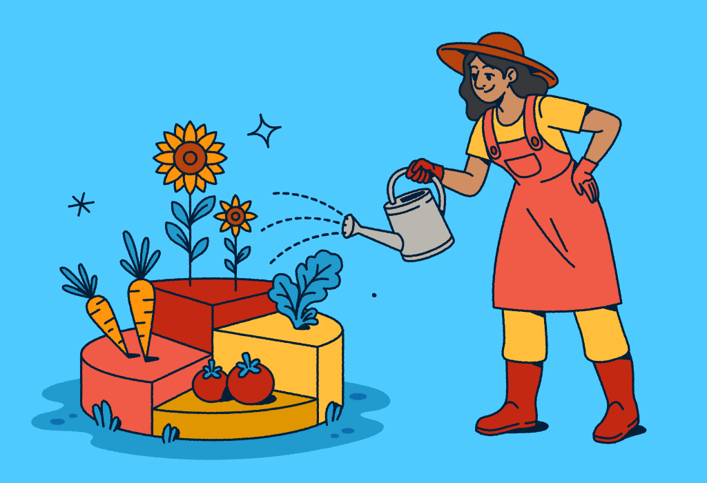 Illustration of a gardener wearing a hat and overalls watering a modular garden with different sections containing vegetables and flowers. The segmented garden plots represent data visualization concepts for analytics, data segmentation, and measuring growth through metrics.