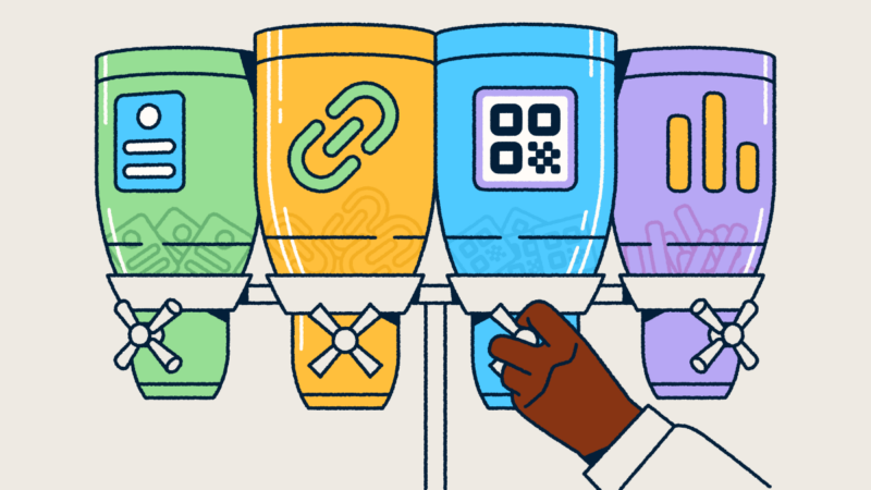 Four labeled dispensers representing Bitly's products—landing pages, short links, QR Codes, and analytics—with a hand selecting the QR Code option.