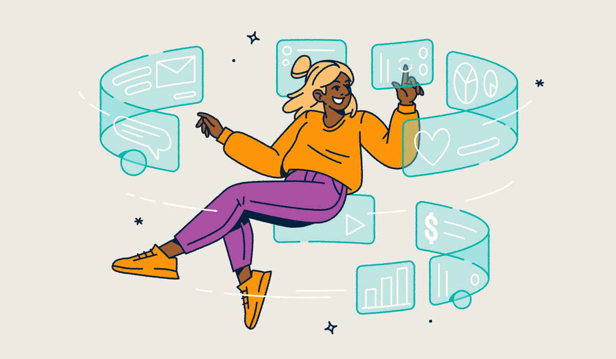 A woman floating in the air with screens swirling around her.