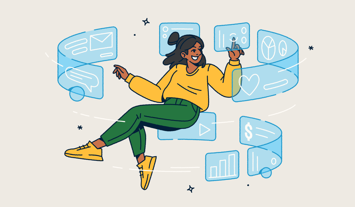 A woman floating in the air with screens swirling around her.