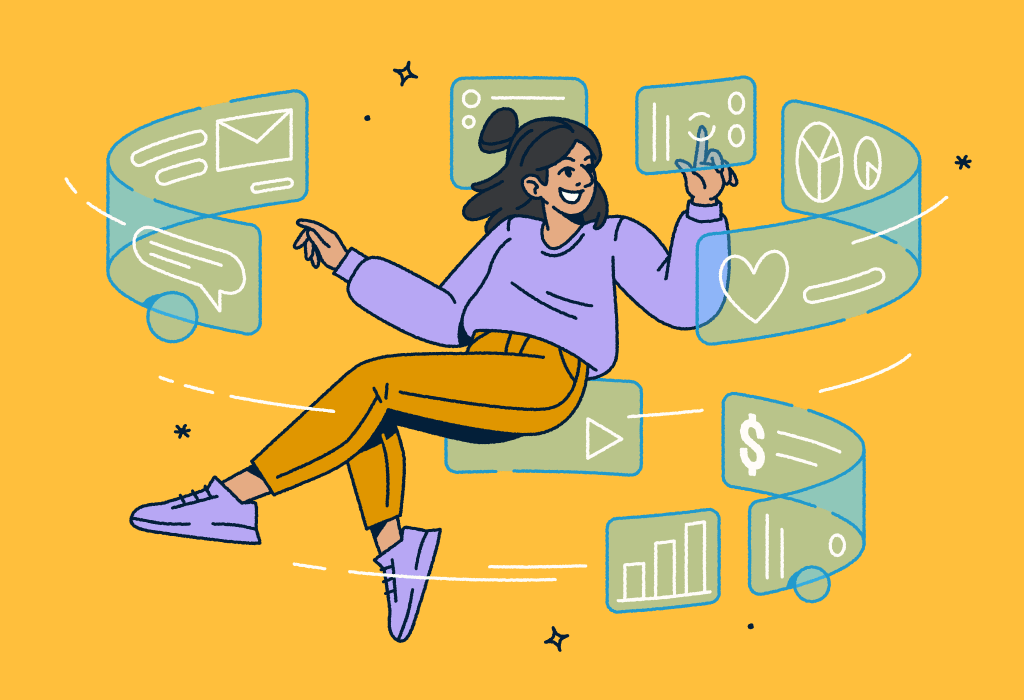 A woman floating in the air with screens swirling around her.