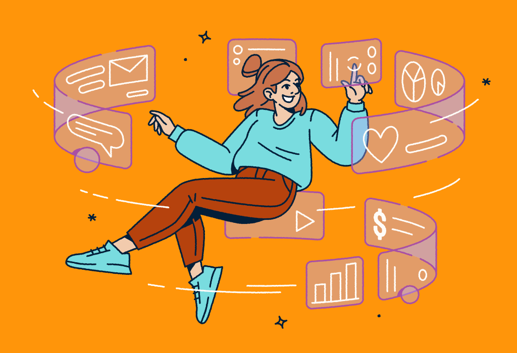 A woman floating in the air with screens swirling around her.