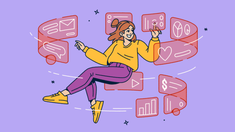 A woman floating in the air with screens swirling around her.