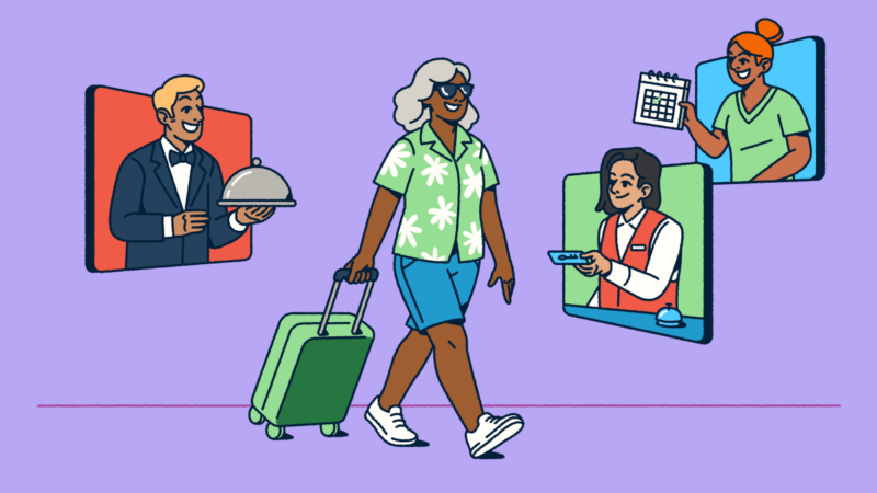 Illustration of a traveler in vacation attire pulling a suitcase while walking past digital screens showing hospitality services—a concierge with a covered dish, a hotel receptionist with a room key, and an event coordinator with a calendar. The image captures how digital tools connect guests with hospitality services throughout their journey.