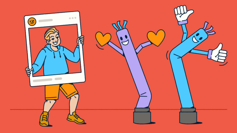 Engaging illustration of influencer marketing concept with a person holding a social media frame alongside animated inflatable tube characters with hearts and thumbs-up gestures, representing audience engagement, follower interactions, and the playful personality-driven nature of successful influencer campaigns.