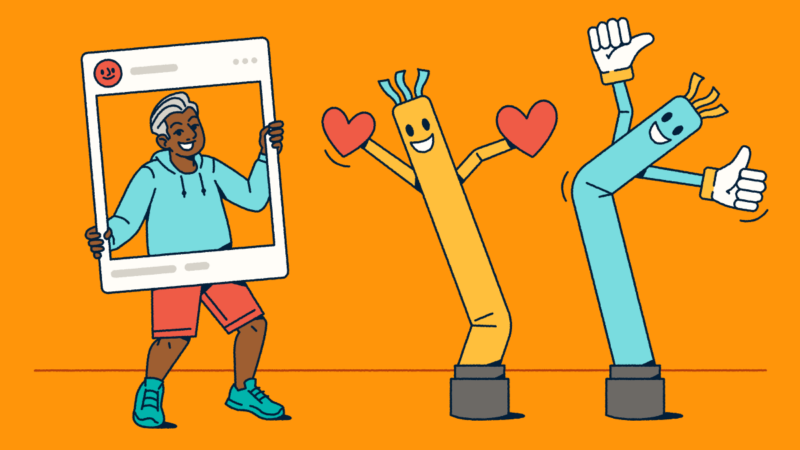 Engaging illustration of influencer marketing concept with a person holding a social media frame alongside animated inflatable tube characters with hearts and thumbs-up gestures, representing audience engagement, follower interactions, and the playful personality-driven nature of successful influencer campaigns.