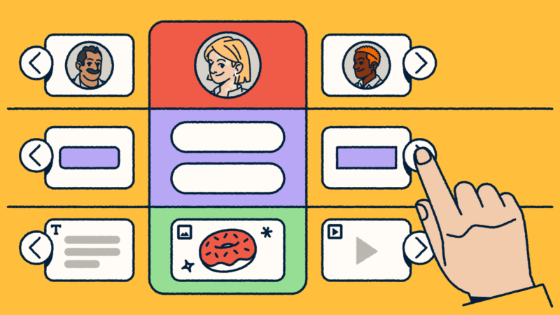 A customizable landing page selector with modules including profiles, buttons, text blocks, images, and video, with a hand selecting to build or edit a layout.