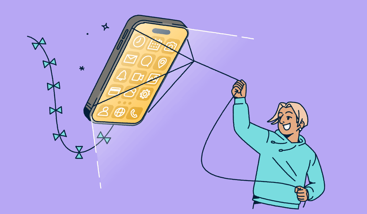 A person flying a mobile phone like a kite.