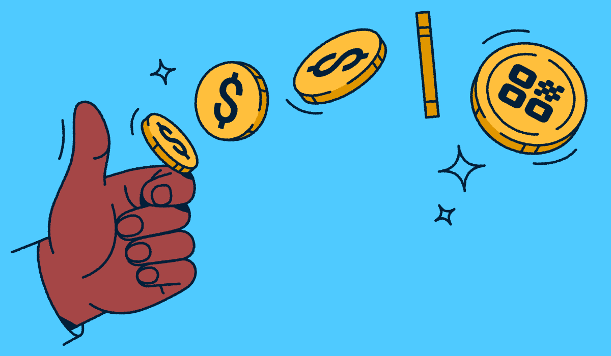 A hand flipping a coin with a QR Code on it.