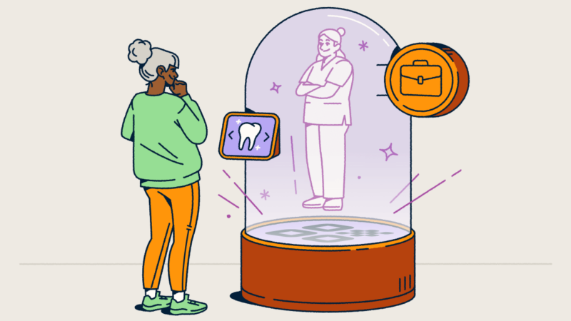 A person views a holographic figure inside a snow-globe-like container, emerging from a QR Code welcome mat. A screen allows the person to select a service.