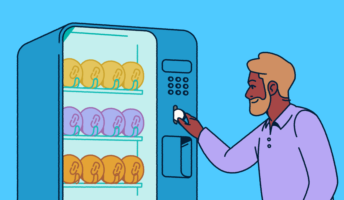 A man putting a coin into a vending machine full of various link shorteners.