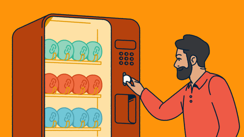 A man putting a coin into a vending machine full of various link shorteners.