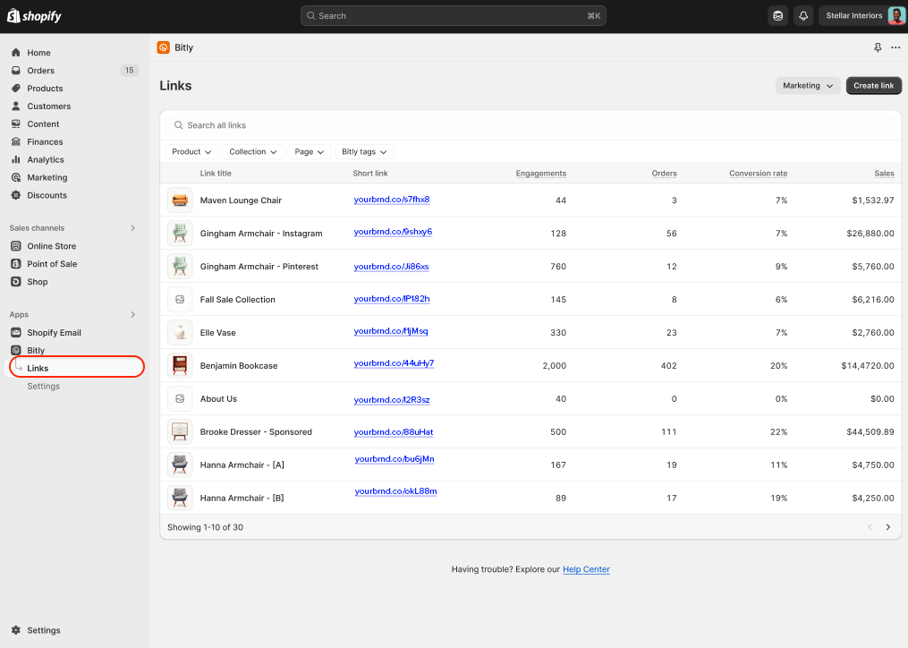 View of Bitly link performance data directly within your Shopify admin.