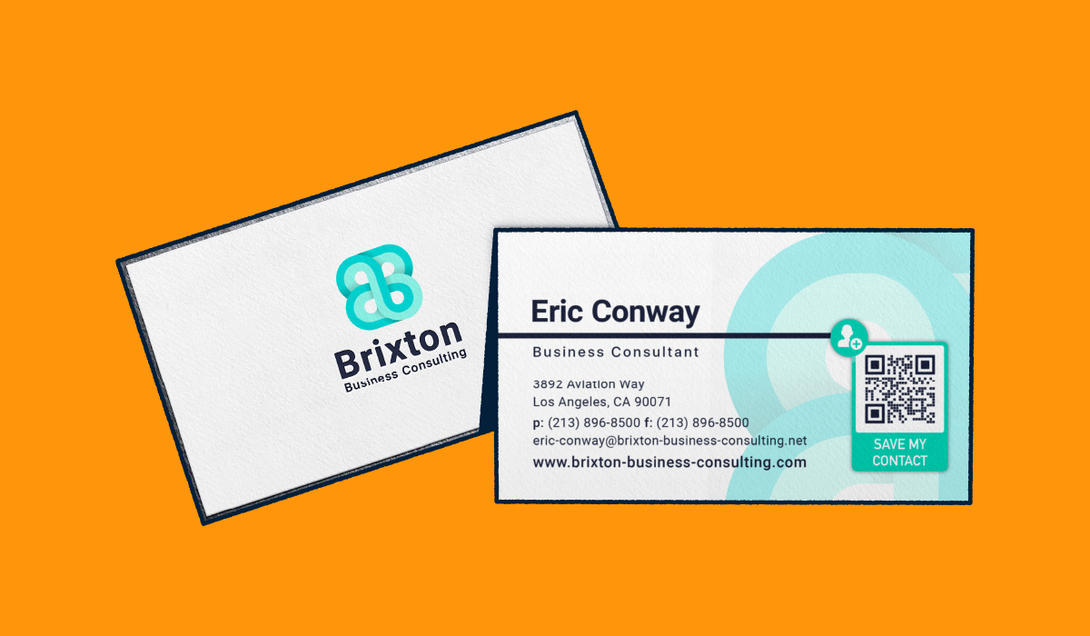 Front and back of a business consultant's business card with a QR Code on it.